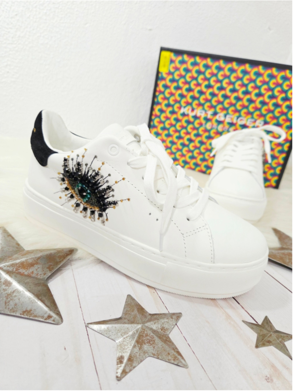 Kurt Geiger Laney evil eye sneakers beaded rhinestone white leather women 7 NWT